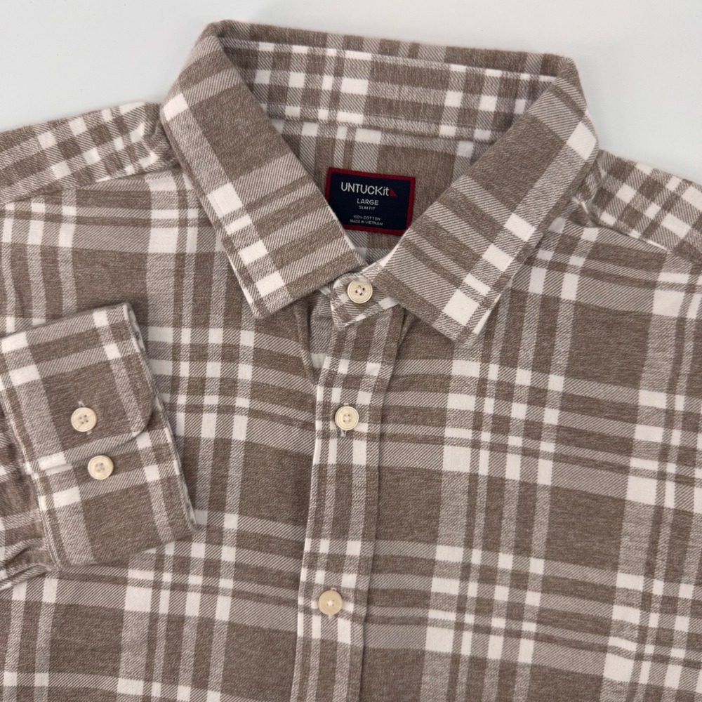 UNTUCKit Morenillo Shirt Mens Large Tan Plaid Slim Fit Cotton Flannel 41633